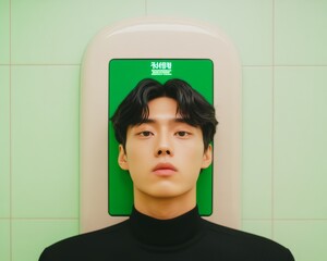 Poster - Sleek Biometric Payment Terminal in Seoul Subway Young Male User Engages Face Recognition Technology for Urban Safety and Digital Economy