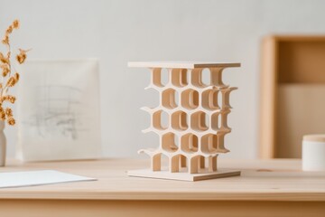 Poster - Biomorphic Architectural Model Honeycomb-Inspired Wooden Design with Botanical Elements - Sustainable Innovation for Modern Real Estate and Eco-Friendly Interiors