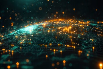 Aufkleber - Futuristic Digital Globe with Telecommunication Networks and Cyberpunk Style Data Visualizations