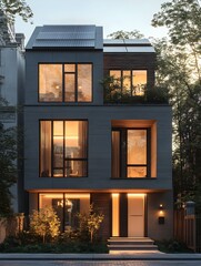 Wall Mural - A modern townhouse with a minimalist design, bold vertical windows, and rooftop solar panels.