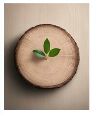 Aufkleber - Biophilic Design Inspiration Tree Stump Cross-Section with Sapling on Wood - Eco-Material Visuals for Sustainable Marketing and Green Industry Innovations