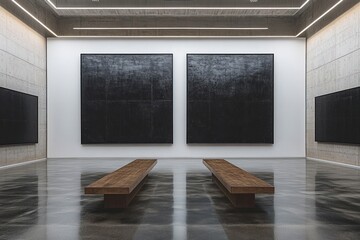 Poster - Minimalist Art Gallery with Large Black Canvases and Soft Lighting