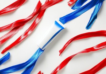 Leinwandbilder - White tube surrounded by red and blue paint streaks on white background.