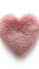 Poster - A fluffy pink heart-shaped cushion rests gracefully on a pure white surface, radiating warmth and charm, perfect for enhancing any cozy space. Its soft texture invites comfort and affection