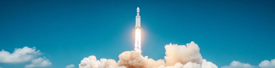 Poster - Futuristic Spacecraft Launch Dynamic Rocket Ignition with Smoky Plumes on Clear Day - Innovative Aerospace Marketing for Pioneering Exploration and Modern Tech Advancement