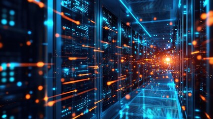 Poster - Futuristic Data Center with Glowing Lights and Digital Connections