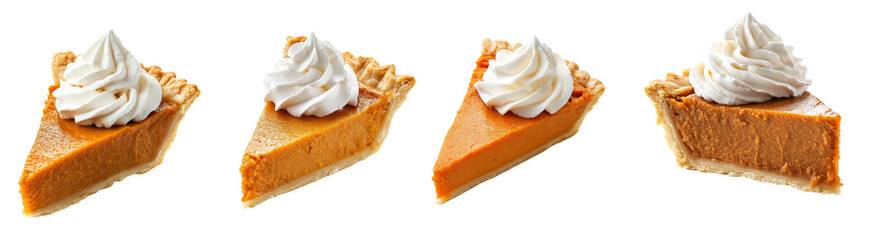 Aufkleber - Four individual slices of pumpkin pie are shown, each topped with a dollop of whipped cream against a black background.
