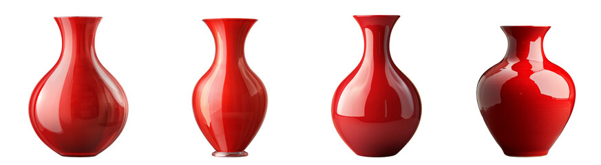 Aufkleber - A collection of four red, glossy vases showcases diverse shapes and sizes in an elegant arrangement.