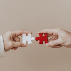 Poster - Minimalist Puzzle Collaboration Hands with Two Vibrant Pieces on Neutral Backdrop - Visual Asset for Corporate Teamwork and Educational Problem-Solving Strategies