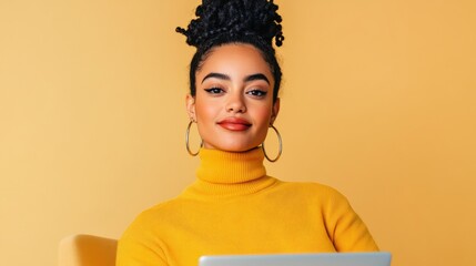 Leinwandbilder - Vibrant Workspace Productivity Cheerful Woman with Laptop in Sleek Office Setting - Creative Business Visuals and Modern Digital Marketing