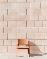 Poster - Modern Minimalism in Design Textured Concrete Wall with Wooden Chair for Contemporary Architectural Visualization and Interior Space Planning