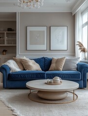 Poster - Modern living room interior with blue sofa and circular coffee table in minimalist design