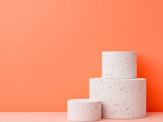 Aufkleber - Textured Terrazzo Platforms on Coral Background Modern Minimalist Display for Retail Branding and Design - Functional Aesthetic for Creative Marketing in Urban Environments