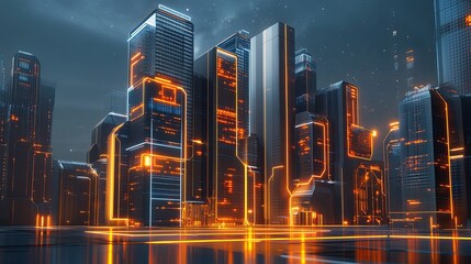 Poster - Futuristic Cityscape with Glowing Neon Details and Skyscrapers