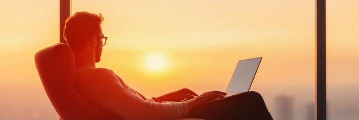 Aufkleber - Sunset Co-Working Space Urban Loft with Person on Laptop and City Skyline - Trendy Remote Work Solution and Digital Nomad Lifestyle in Modern Entrepreneurship