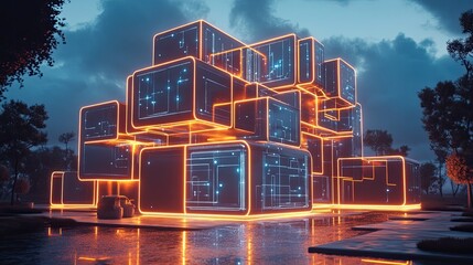 Poster - Futuristic Neon Structure with Digital Elements and Reflections