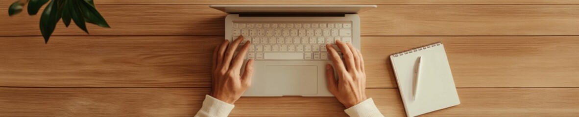 Aufkleber - Minimalist Digital Workspace Hands Typing on Laptop on Wooden Surface with Notepad - Remote Productivity in Modern Office Environments for Flexible Workforces