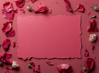 Wall Mural - Top view of an empty red card with a pink color background, scattered rose petals and flower heads around the edges,