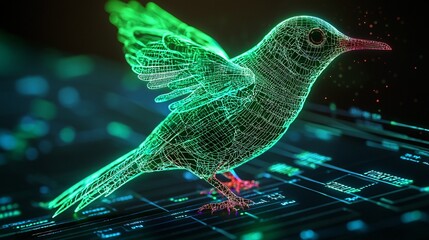Poster - a futuristic data visualization of marketing metrics and consumer trends, presented on a holographic