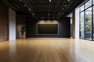 Poster - Modern Minimalist Gallery Interior with Empty Black Wall and Smooth Wooden Floor for Art Display