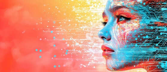 Poster - Futuristic Digital Art Concept of Young Woman Face with Colorful Electronic Patterns and Technology Background