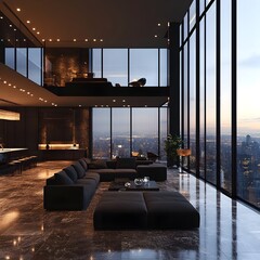 Canvas Print - A penthouse living room with panoramic city views and sleek black furniture.