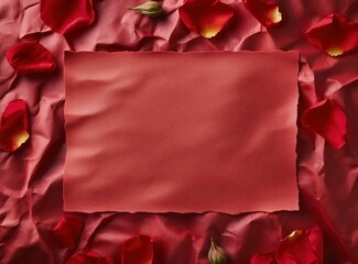 Wall Mural - Top view of an empty red card with a pink color background, scattered rose petals and flower heads around the edges,