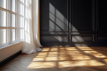 Poster - Modern minimalist interior design dark wall wooden flooring natural light decor