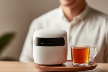 Aufkleber - Tech-Infused Hospitality Sleek Metallic Service Robot with Tea in Modern Kitchen - Smart Home Solutions for Urban Professionals Seeking Luxury and Efficiency