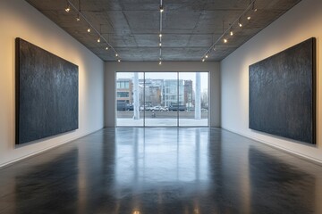 Aufkleber - Minimalist Art Gallery Interior with Black Canvases and Soft Diffused Lighting