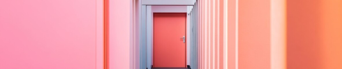 Poster - Contemporary Minimalism in Office Safety Design Vibrant Coral Stairwell Door and Modern Illumination - Enhancing Corporate Evacuation Efficiency and Visual Appeal