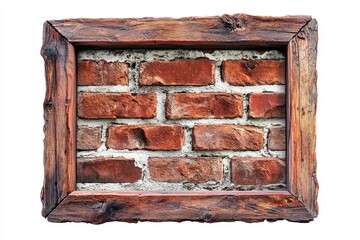 Wall Mural - Rustic wooden frame encompassing a red brick wall, isolated on white.