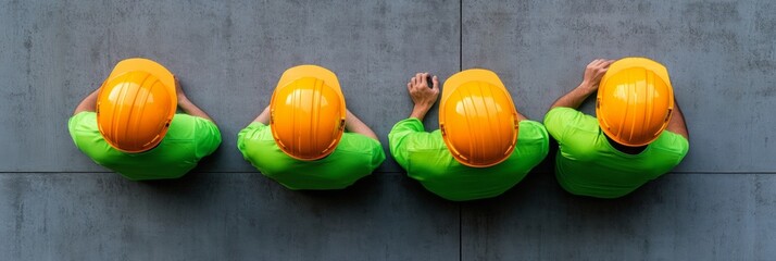 Poster - Modern Industrial Aesthetic Overhead View of Diverse Hardhat Crew on Concrete Surface - Team Synergy and Safety Visualization for Construction Planning and Workforce Efficiency