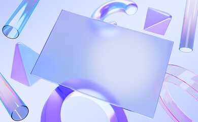 Poster - 3d holographic glass morphism frame with geometric shapes render. Transparent rectangle card surface with blur effect, iridescent neon dynamic figures on abstract gradient background. 3D illustration