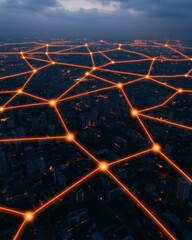 Aufkleber - Smart City Network Visual Futuristic Neon Overlay on Urban Skyline - Data Protection Imaging and IoT Security Solution Showcasing Interconnected Systems for Modern Infrastructure Development