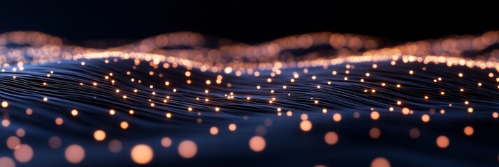 Poster - Futuristic Data Transfer Waves Illuminated Digital Network with Dynamic Nodes - Encrypted Connectivity Visuals for Tech Innovators and Business Security Enhancement