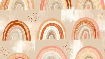 Poster - Lively and captivating, the seamless design showcases overlapping abstract rainbows in rich colors, blending harmoniously with a soft beige background, ideal for various artistic uses