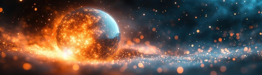 Poster - Cosmic Digital Abstract Light Explosion in Blue and Orange with Depth and Perspective