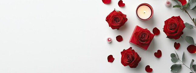 Wall Mural - Valentine's Day banner with a bouquet of red roses, a gift box, and candles on a white background. 