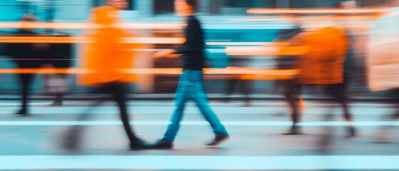 Leinwandbilder - Urban Dynamics Visualization Motion Blur Captures Hustling Cityscape in Vibrant Orange Hues - Modern Business Analysis and Digital Content Creation