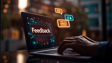 Poster - User Providing Feedback on Laptop with Digital Elements and Chat Bubbles in a Modern Environment