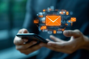 Poster - Person Using Smartphone with Email Notification and Digital Communication Icons in Background