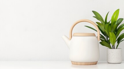 Wall Mural - Modern white kettle with wooden handle beside green plant in minimalistic home decor setting