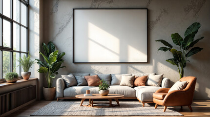 Wall Mural - a living room with a white wall and a large picture frame