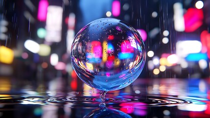 Poster - Glass Sphere Reflecting Vibrant City Lights in the Rain