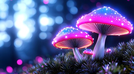 Wall Mural - Glowing Mushrooms in a Magical Forest at Night