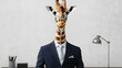 © afrah - A giraffe in a fitted navy suit and silver tie, towering over a minimalist desk setup