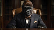 © afrah - A gorilla in a charcoal suit with a bow tie, seated in an executive chair behind a polished wooden desk
