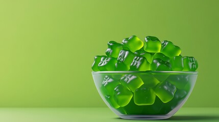 Poster - Bowl of green gummy bears sits on a green background. The bowl is filled with the gummy bears, which are all different shapes and sizes. The bowl is clear