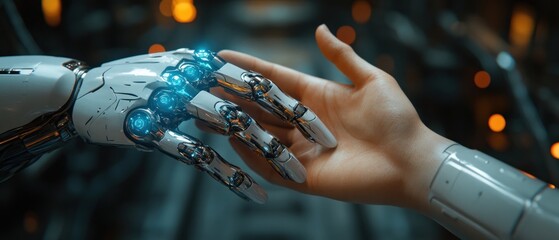 Aufkleber - Robotic Hand Reaching for Human Touch in Futuristic Cyberpunk Scene with Blue Glow and Neon Lights